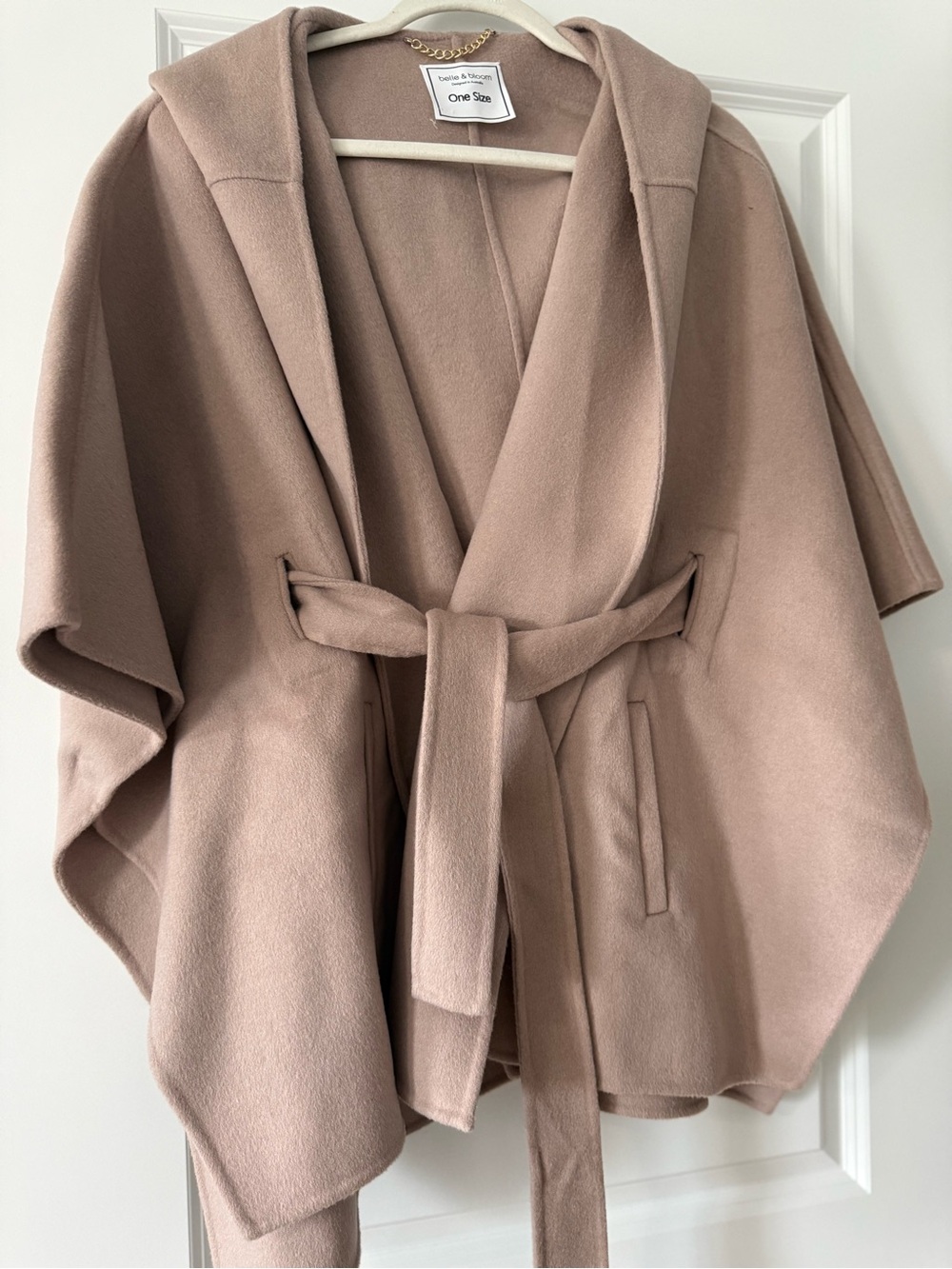 Hooded Belted Cape Coat in Taupe-Blush